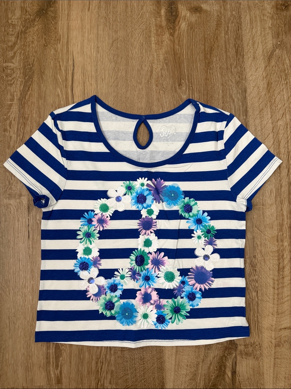 Justice Girls' Blue & White Short Sleeve Striped Peace Flower Tee